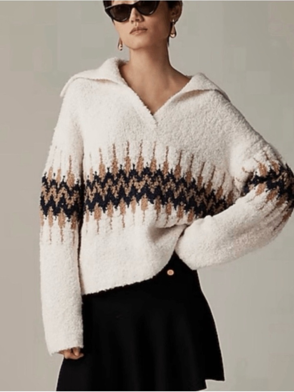 J. Crew Fair Isle Johnny-Collar Sweater Boucle Yarn Ivory Cottagecore Preppy Y2K